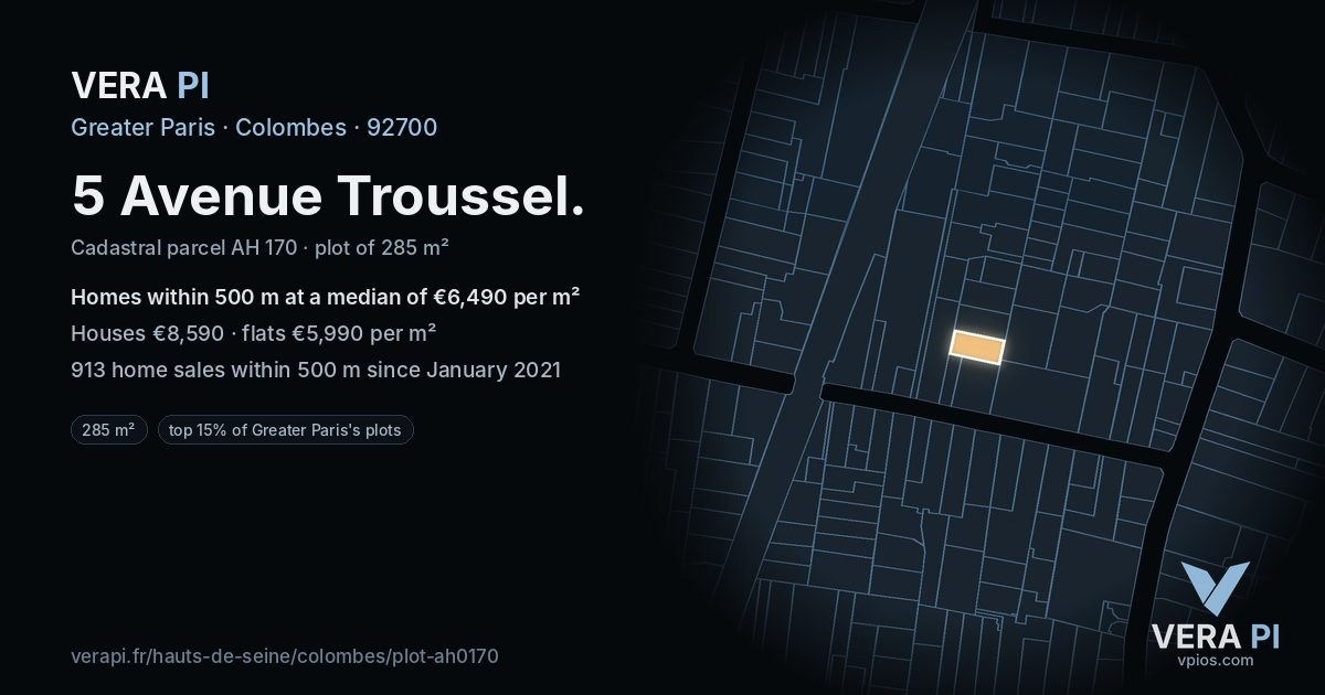 5 Avenue Troussel, Colombes at night – the plot lit, the parcels around coloured by the prices near them