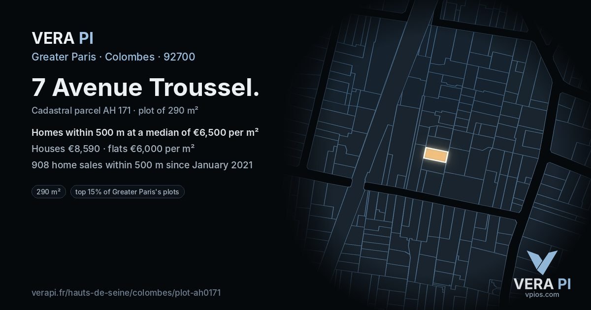 7 Avenue Troussel, Colombes at night – the plot lit, the parcels around coloured by the prices near them