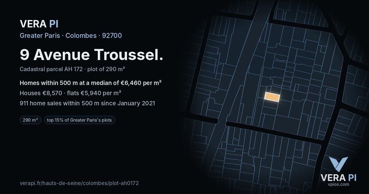 9 Avenue Troussel, Colombes at night – the plot lit, the parcels around coloured by the prices near them