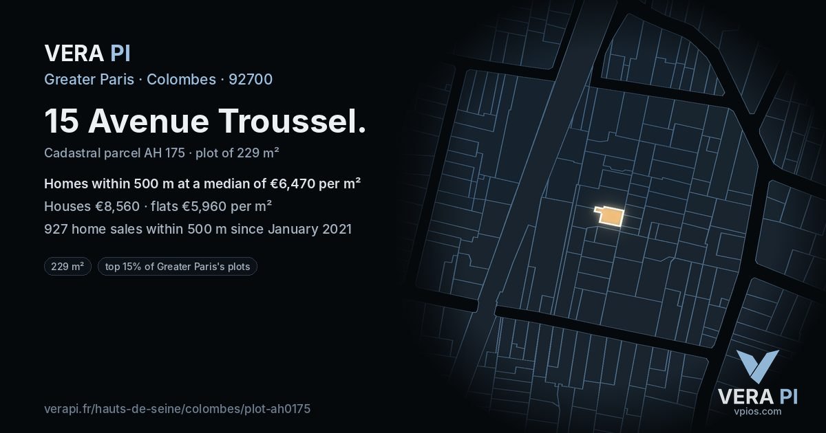 15 Avenue Troussel, Colombes at night – the plot lit, the parcels around coloured by the prices near them