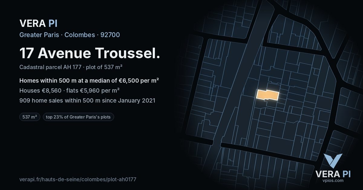 17 Avenue Troussel, Colombes at night – the plot lit, the parcels around coloured by the prices near them