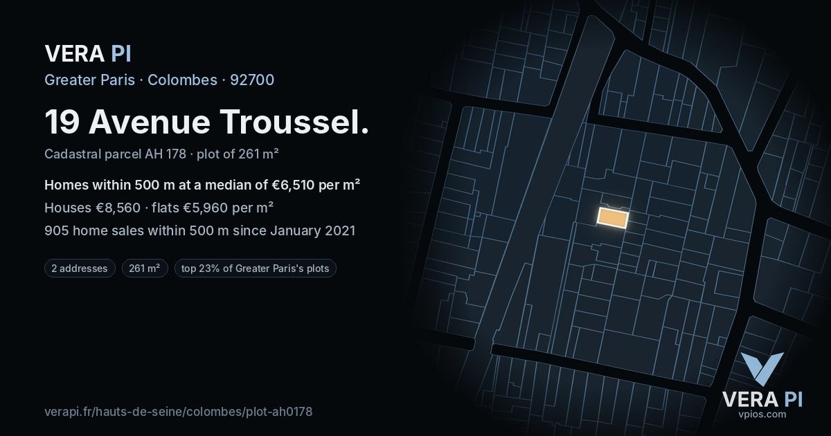 19 Avenue Troussel, Colombes at night – the plot lit, the parcels around coloured by the prices near them
