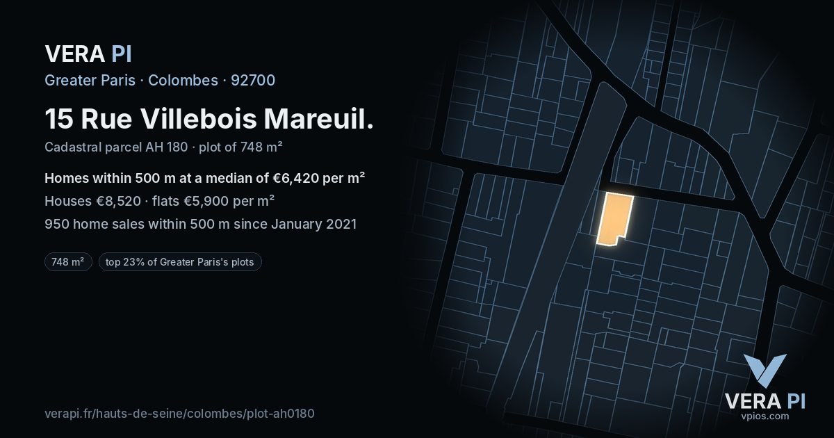 15 Rue Villebois Mareuil, Colombes at night – the plot lit, the parcels around coloured by the prices near them