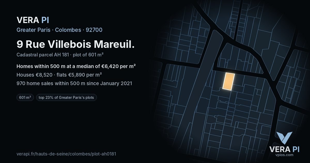 9 Rue Villebois Mareuil, Colombes at night – the plot lit, the parcels around coloured by the prices near them