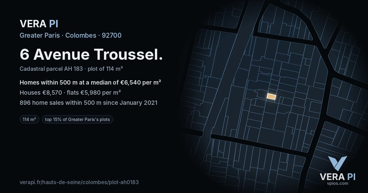 6 Avenue Troussel, Colombes at night – the plot lit, the parcels around coloured by the prices near them