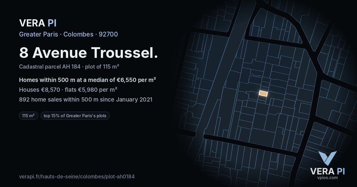 8 Avenue Troussel, Colombes at night – the plot lit, the parcels around coloured by the prices near them