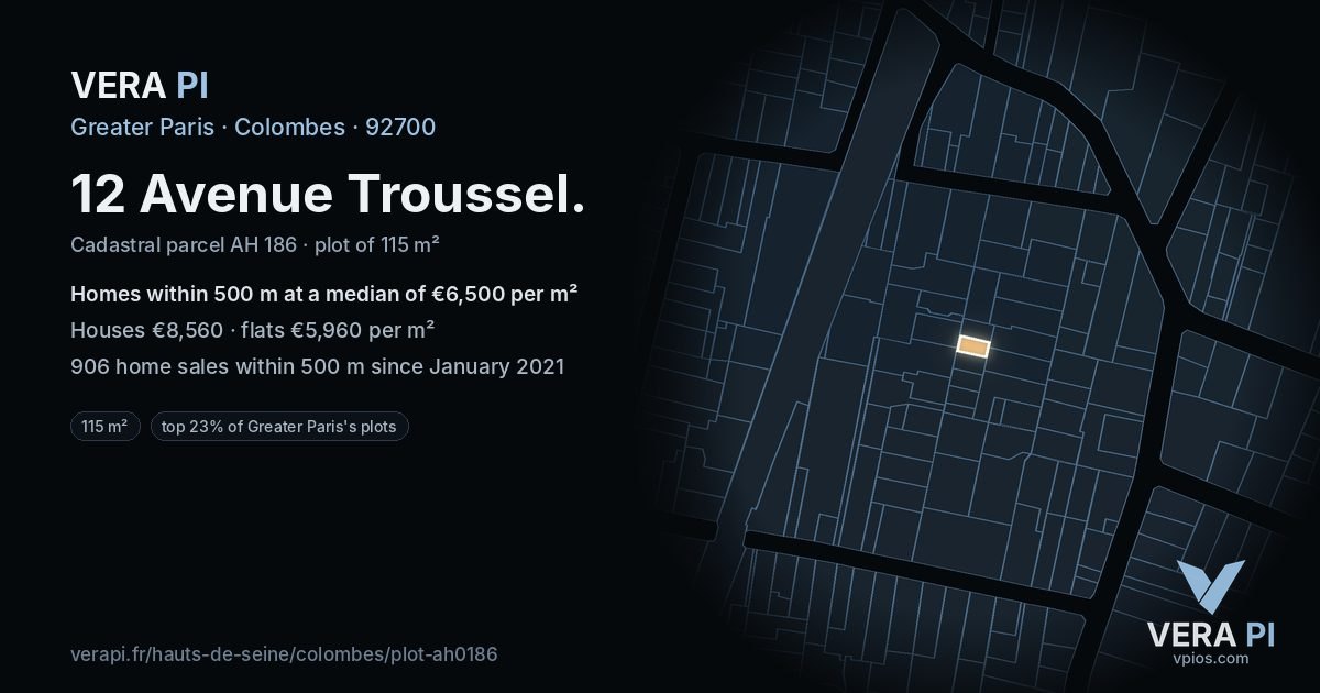 12 Avenue Troussel, Colombes at night – the plot lit, the parcels around coloured by the prices near them