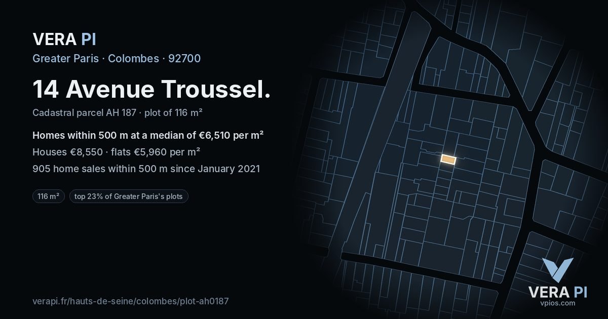 14 Avenue Troussel, Colombes at night – the plot lit, the parcels around coloured by the prices near them