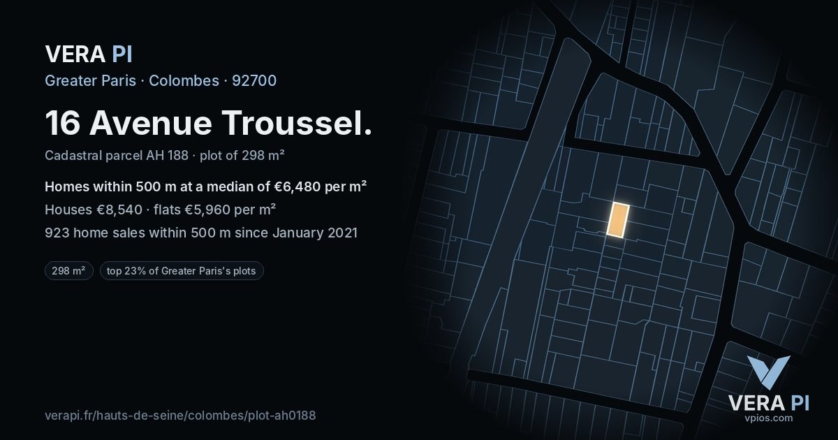 16 Avenue Troussel, Colombes at night – the plot lit, the parcels around coloured by the prices near them