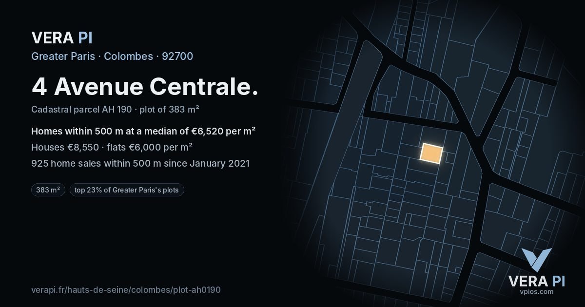 4 Avenue Centrale, Colombes at night – the plot lit, the parcels around coloured by the prices near them