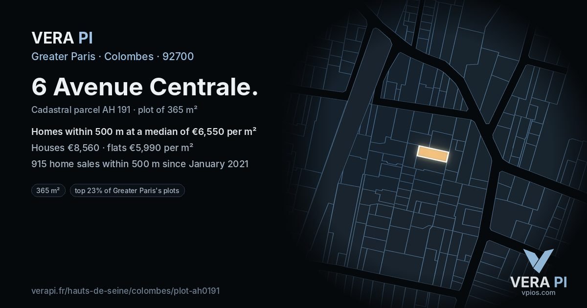 6 Avenue Centrale, Colombes at night – the plot lit, the parcels around coloured by the prices near them