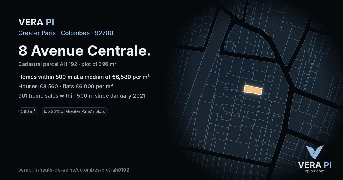 8 Avenue Centrale, Colombes at night – the plot lit, the parcels around coloured by the prices near them