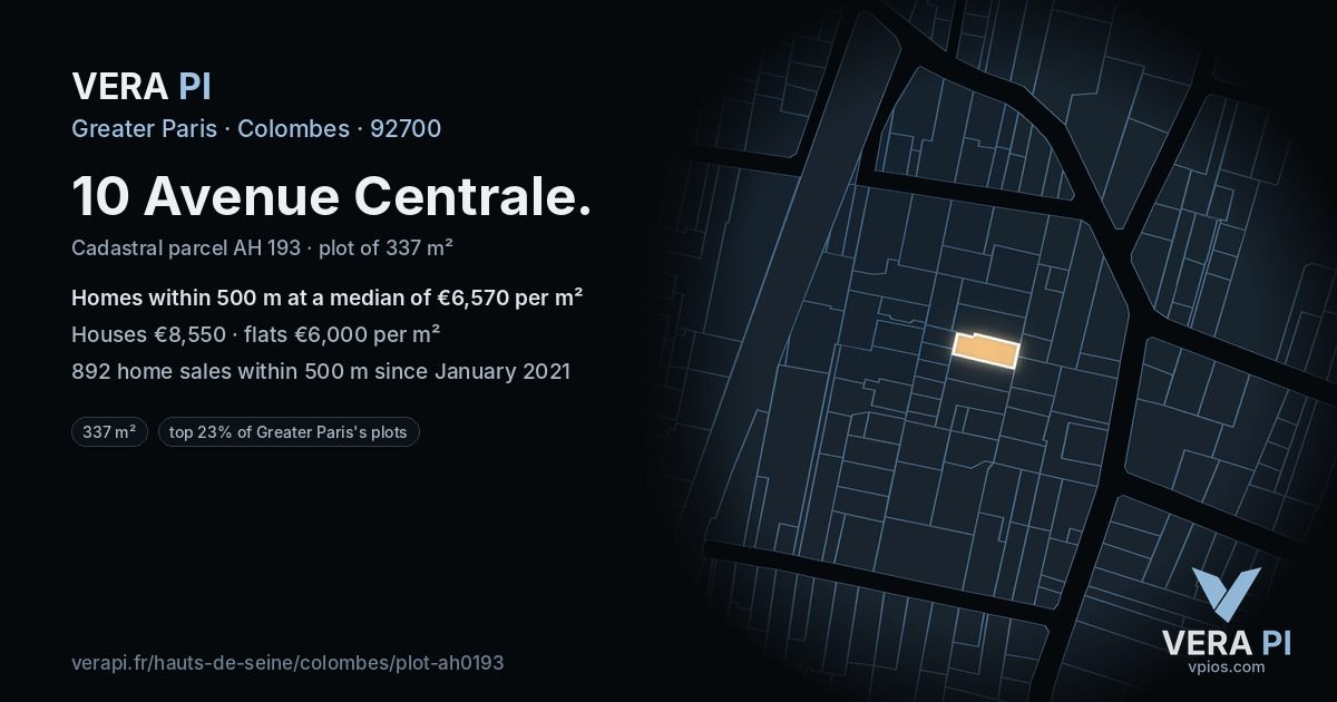 10 Avenue Centrale, Colombes at night – the plot lit, the parcels around coloured by the prices near them