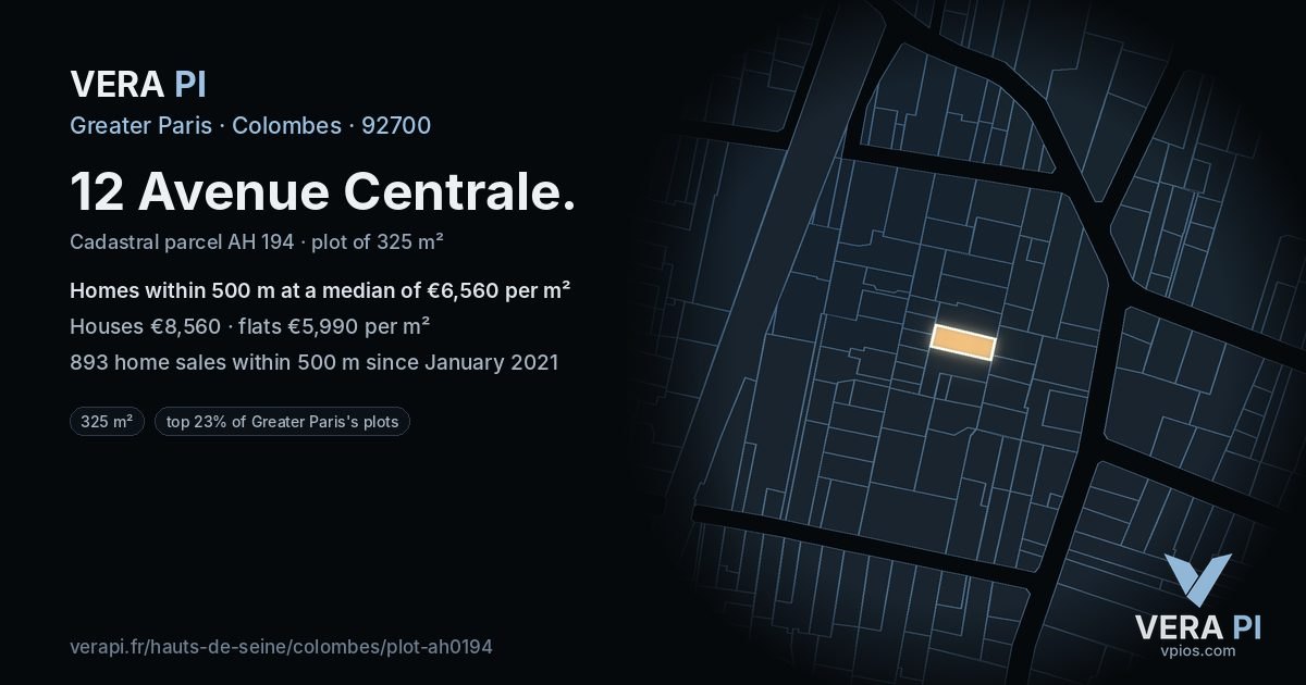12 Avenue Centrale, Colombes at night – the plot lit, the parcels around coloured by the prices near them