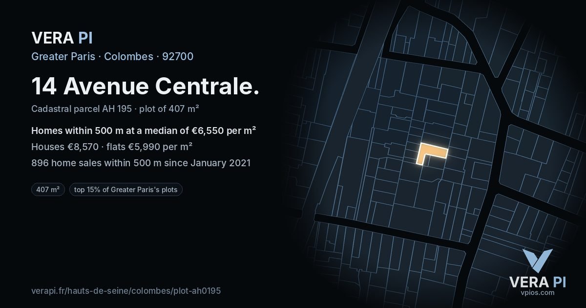 14 Avenue Centrale, Colombes at night – the plot lit, the parcels around coloured by the prices near them
