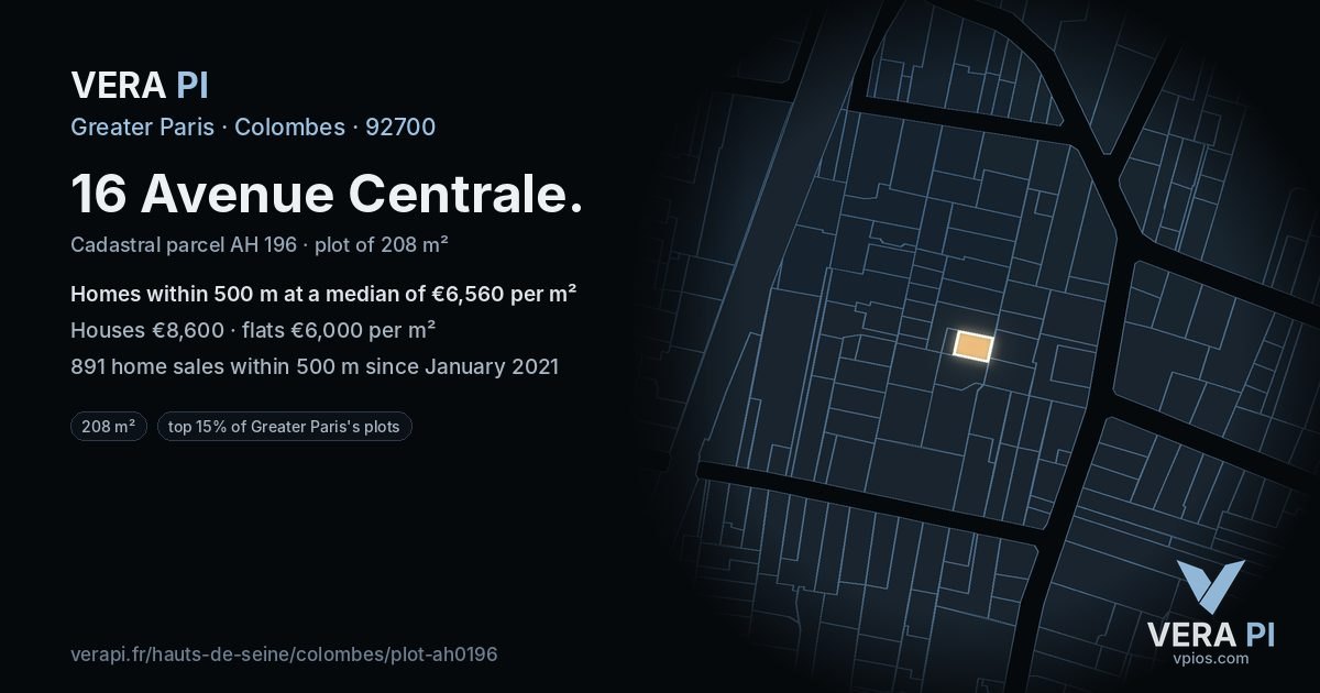 16 Avenue Centrale, Colombes at night – the plot lit, the parcels around coloured by the prices near them