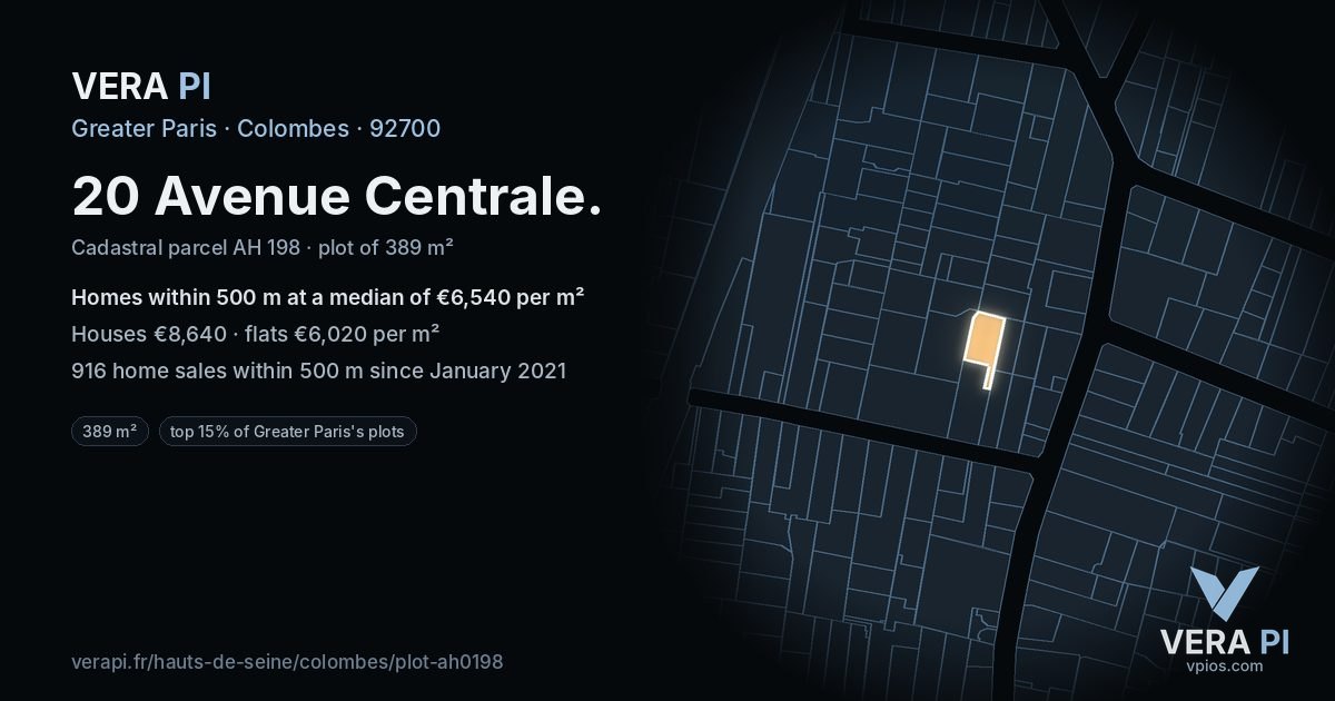 20 Avenue Centrale, Colombes at night – the plot lit, the parcels around coloured by the prices near them