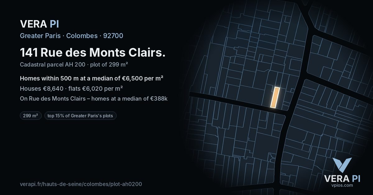 141 Rue des Monts Clairs, Colombes at night – the plot lit, the parcels around coloured by the prices near them