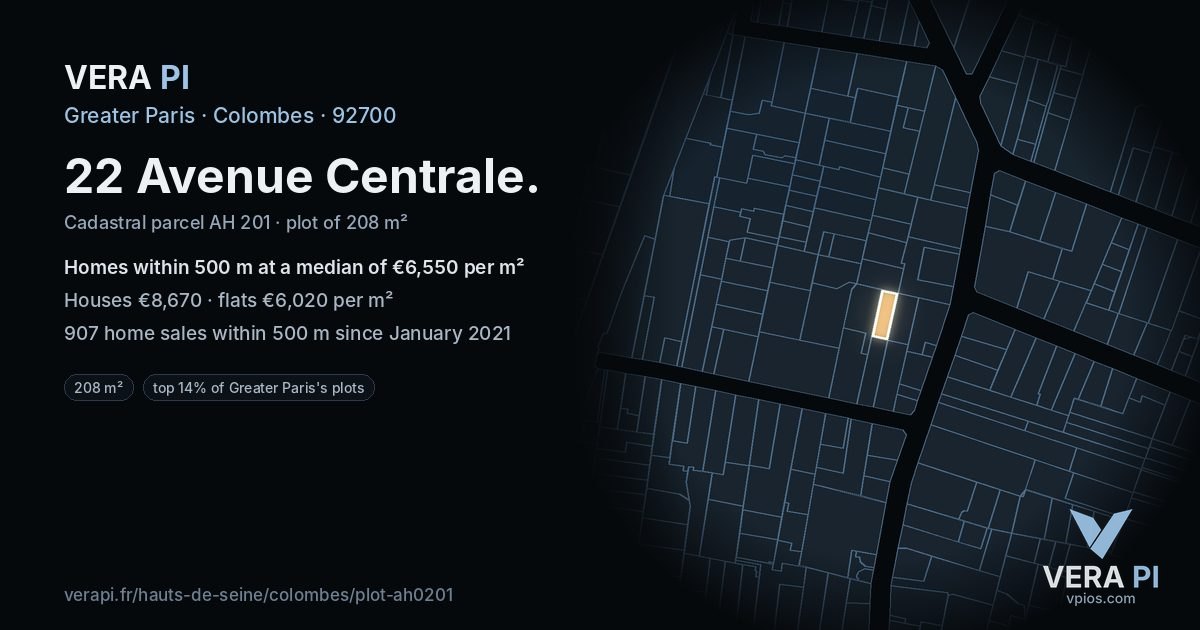 22 Avenue Centrale, Colombes at night – the plot lit, the parcels around coloured by the prices near them