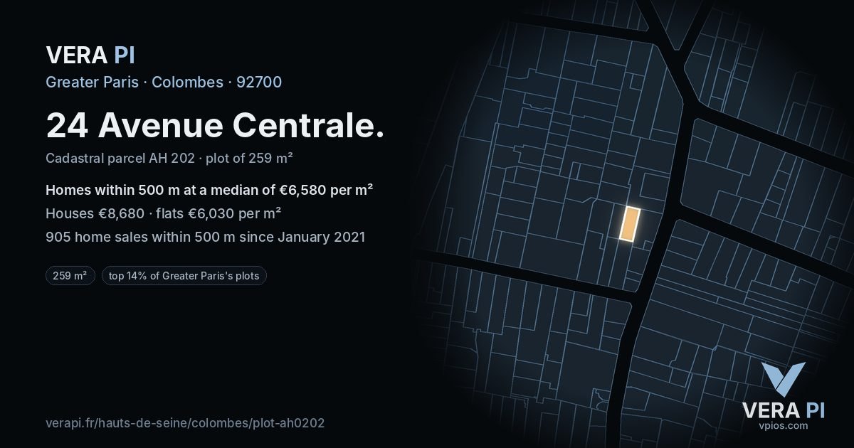 24 Avenue Centrale, Colombes at night – the plot lit, the parcels around coloured by the prices near them