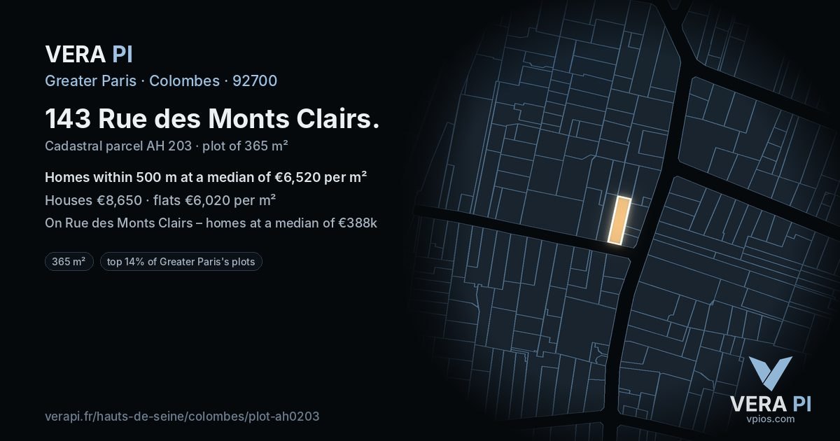 143 Rue des Monts Clairs, Colombes at night – the plot lit, the parcels around coloured by the prices near them