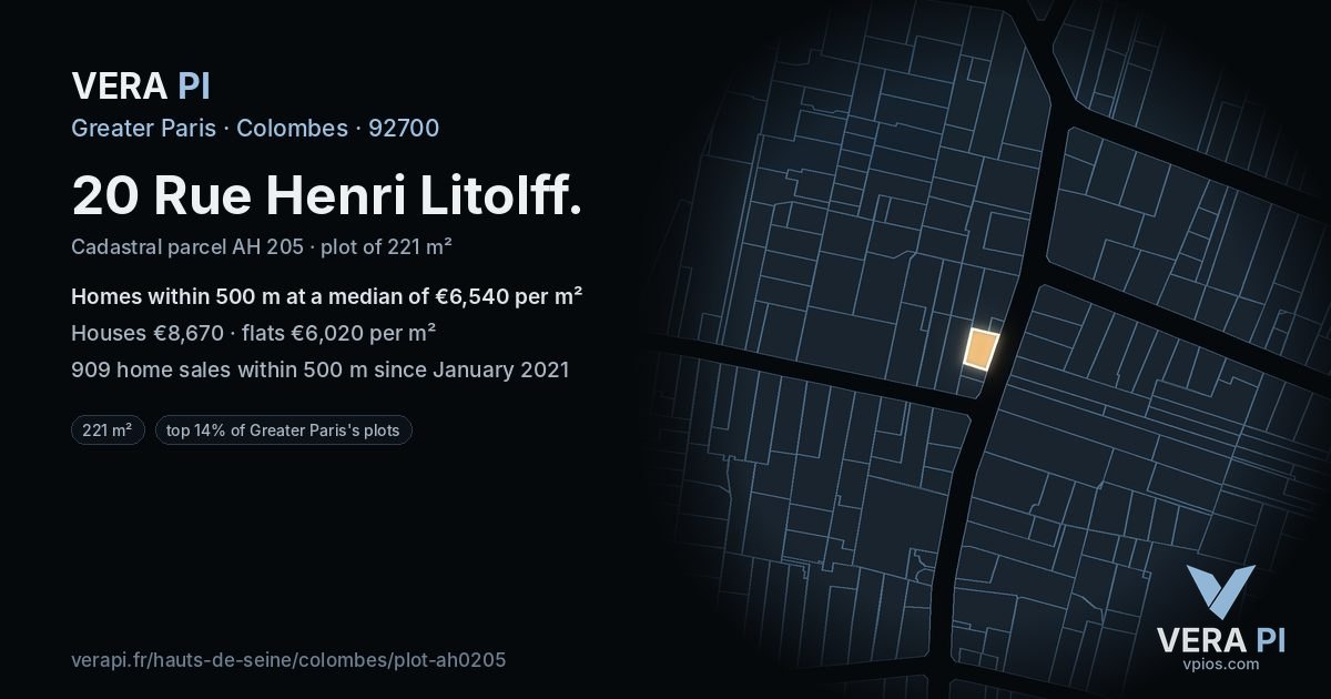 20 Rue Henri Litolff, Colombes at night – the plot lit, the parcels around coloured by the prices near them
