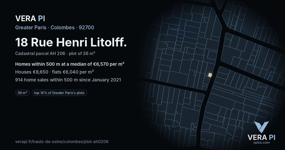 18 Rue Henri Litolff, Colombes at night – the plot lit, the parcels around coloured by the prices near them