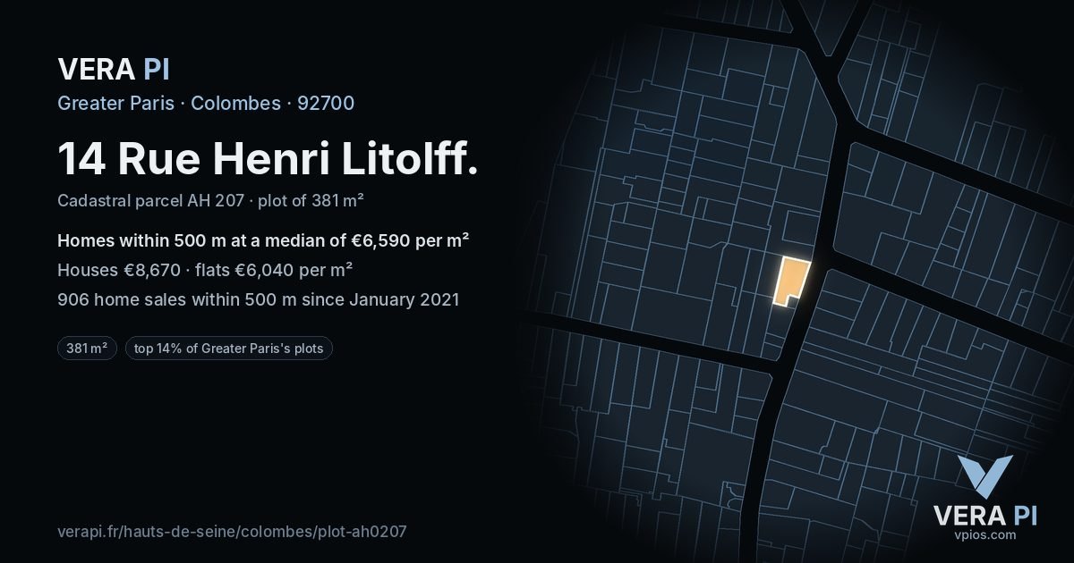 14 Rue Henri Litolff, Colombes at night – the plot lit, the parcels around coloured by the prices near them