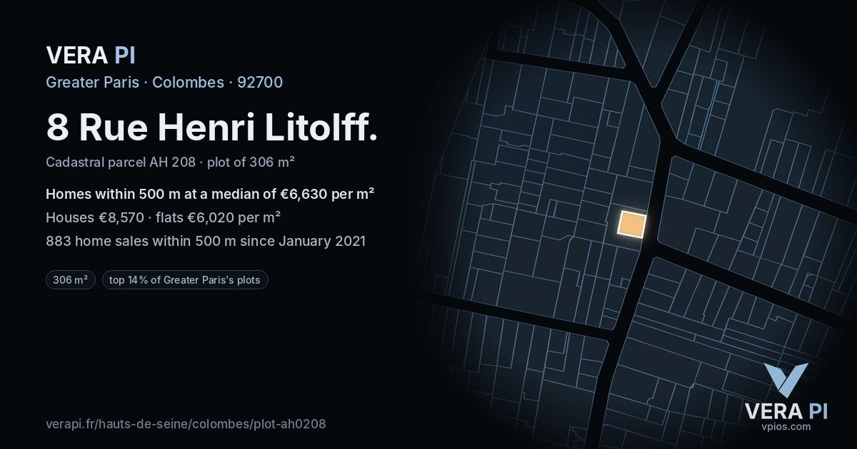 8 Rue Henri Litolff, Colombes at night – the plot lit, the parcels around coloured by the prices near them
