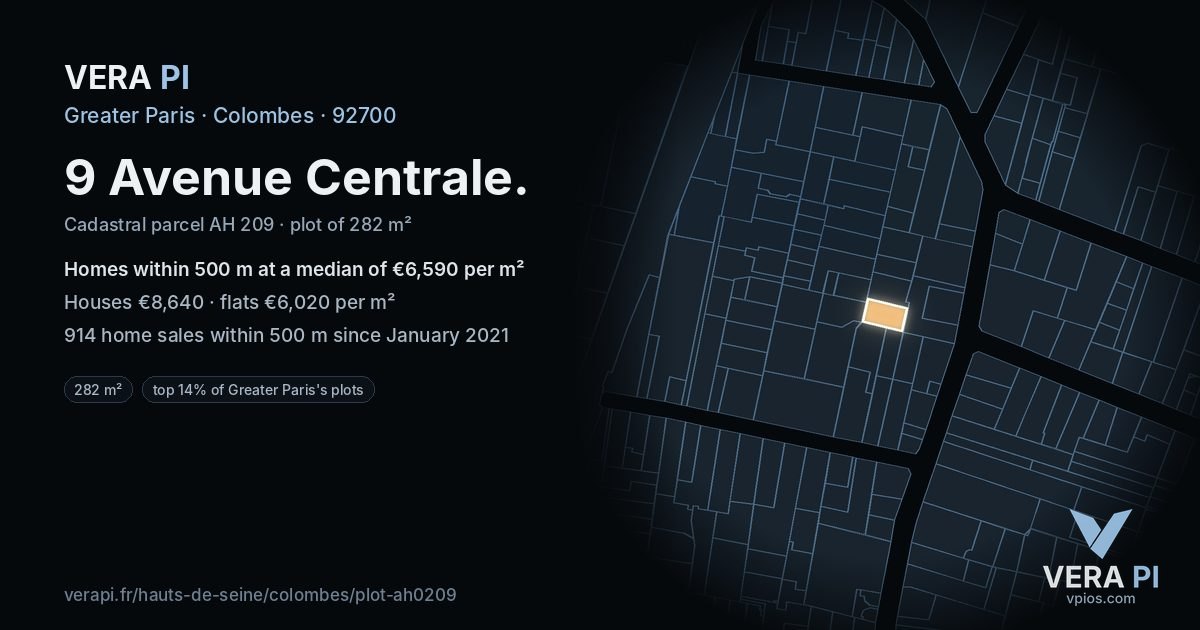 9 Avenue Centrale, Colombes at night – the plot lit, the parcels around coloured by the prices near them