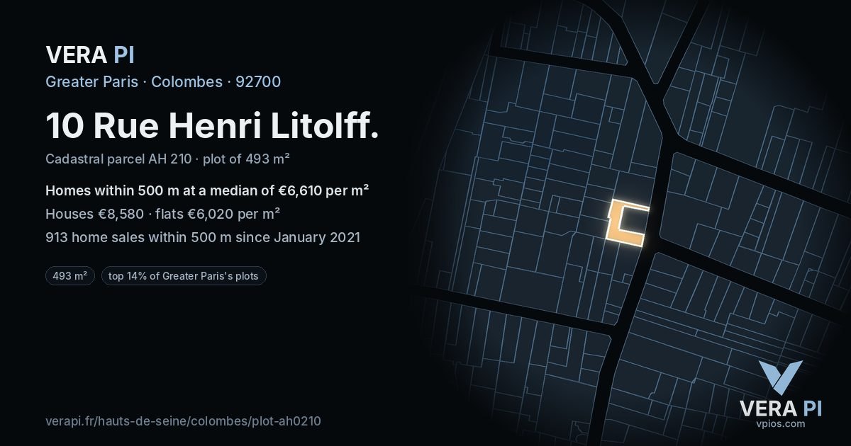 10 Rue Henri Litolff, Colombes at night – the plot lit, the parcels around coloured by the prices near them