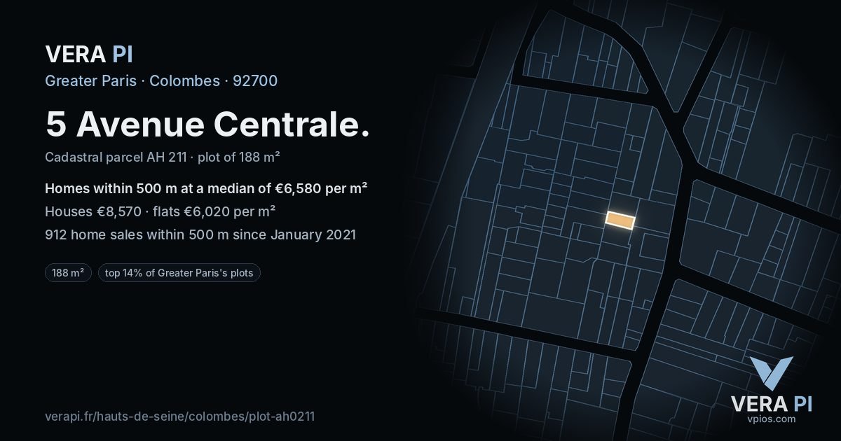 5 Avenue Centrale, Colombes at night – the plot lit, the parcels around coloured by the prices near them