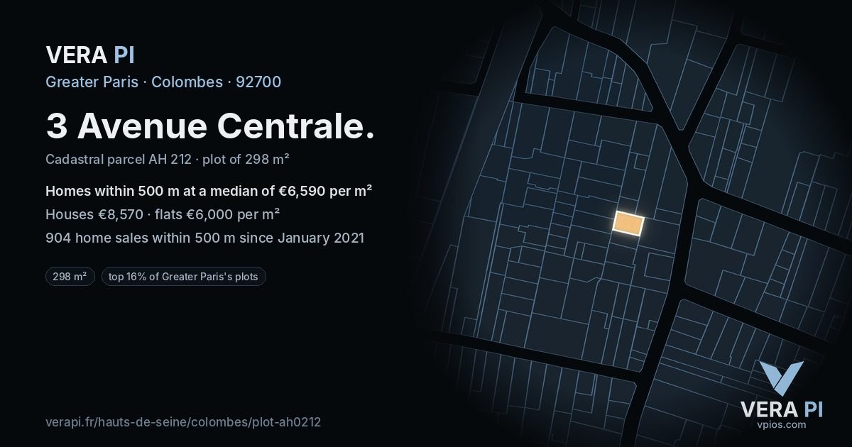 3 Avenue Centrale, Colombes at night – the plot lit, the parcels around coloured by the prices near them