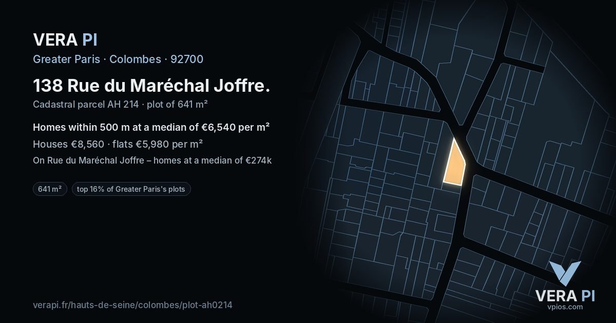 138 Rue du Maréchal Joffre, Colombes at night – the plot lit, the parcels around coloured by the prices near them