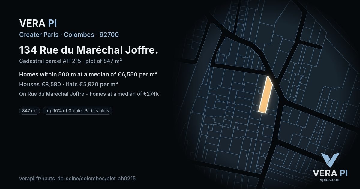 134 Rue du Maréchal Joffre, Colombes at night – the plot lit, the parcels around coloured by the prices near them