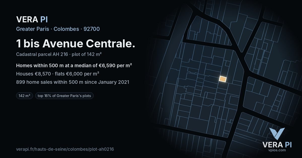 1 bis Avenue Centrale, Colombes at night – the plot lit, the parcels around coloured by the prices near them