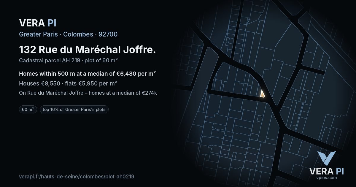 132 Rue du Maréchal Joffre, Colombes at night – the plot lit, the parcels around coloured by the prices near them
