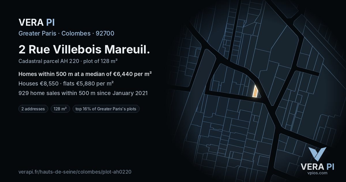 2 Rue Villebois Mareuil, Colombes at night – the plot lit, the parcels around coloured by the prices near them