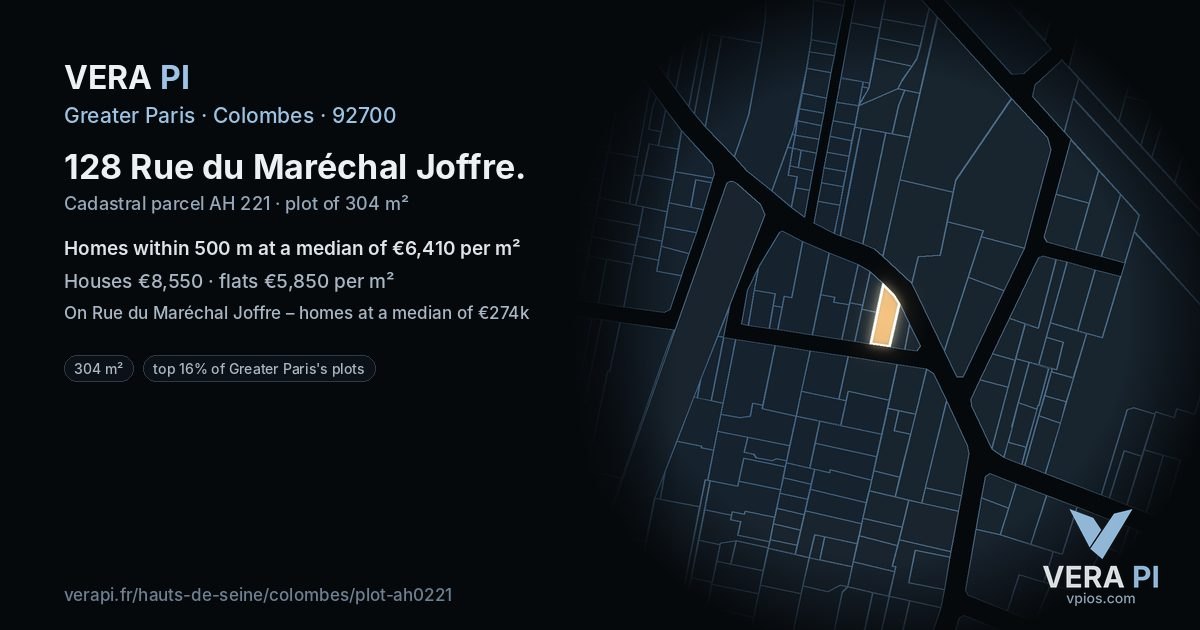 128 Rue du Maréchal Joffre, Colombes at night – the plot lit, the parcels around coloured by the prices near them