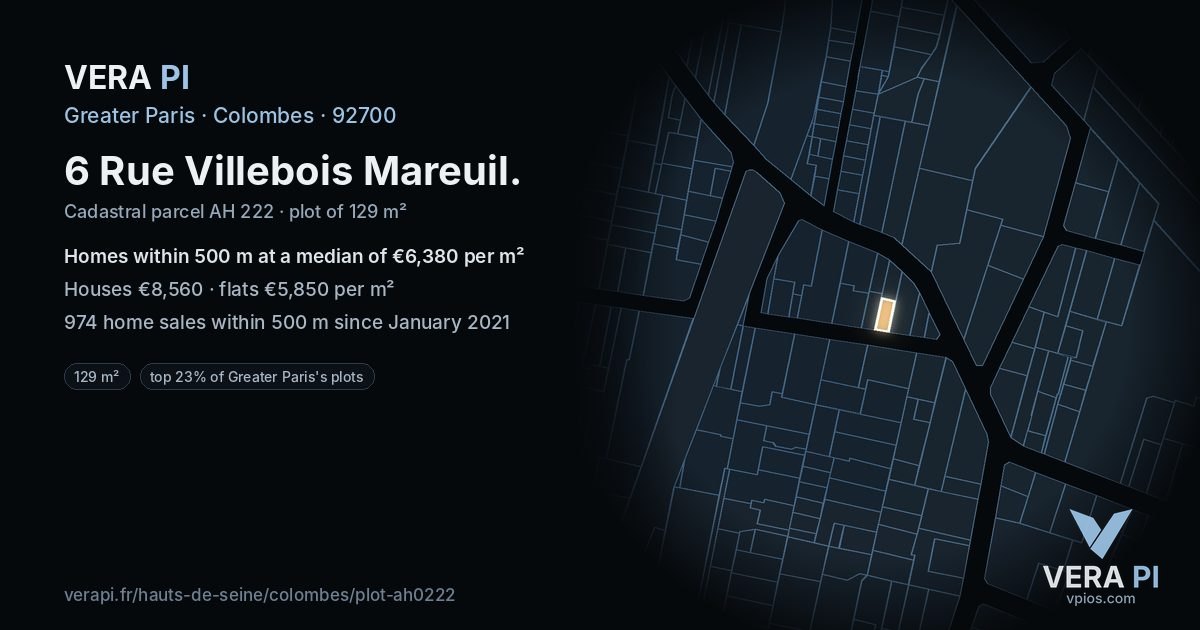 6 Rue Villebois Mareuil, Colombes at night – the plot lit, the parcels around coloured by the prices near them