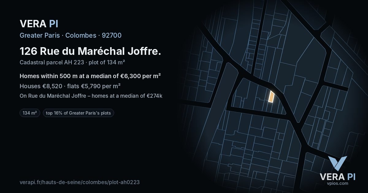 126 Rue du Maréchal Joffre, Colombes at night – the plot lit, the parcels around coloured by the prices near them