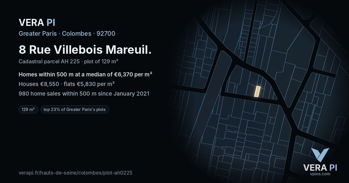 8 Rue Villebois Mareuil, Colombes at night – the plot lit, the parcels around coloured by the prices near them