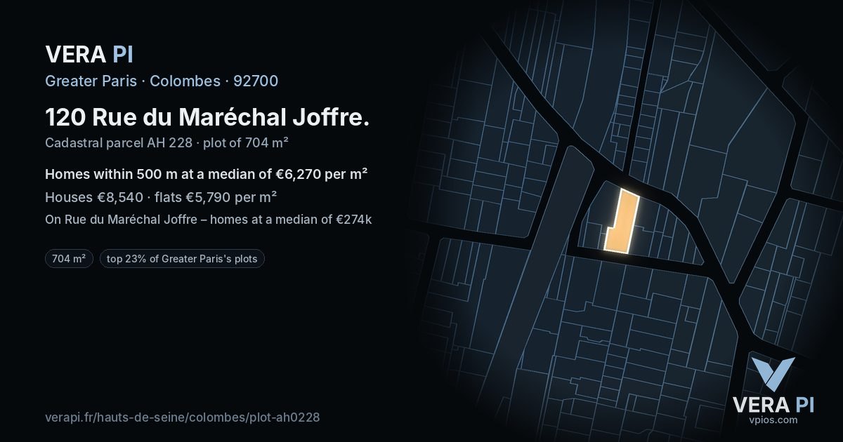 120 Rue du Maréchal Joffre, Colombes at night – the plot lit, the parcels around coloured by the prices near them