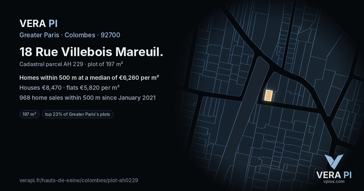 18 Rue Villebois Mareuil, Colombes at night – the plot lit, the parcels around coloured by the prices near them