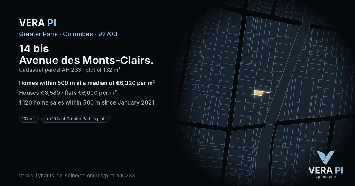 14 bis Avenue des Monts-Clairs, Colombes at night – the plot lit, the parcels around coloured by the prices near them