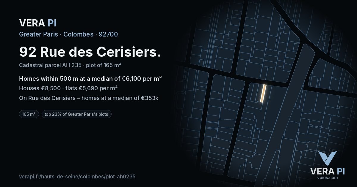 92 Rue des Cerisiers, Colombes at night – the plot lit, the parcels around coloured by the prices near them