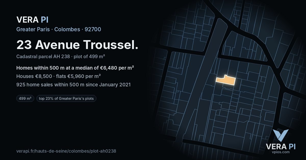 23 Avenue Troussel, Colombes at night – the plot lit, the parcels around coloured by the prices near them