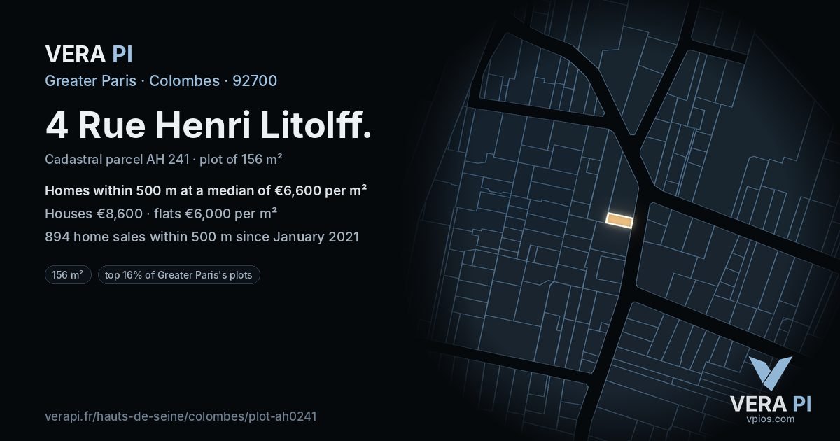 4 Rue Henri Litolff, Colombes at night – the plot lit, the parcels around coloured by the prices near them