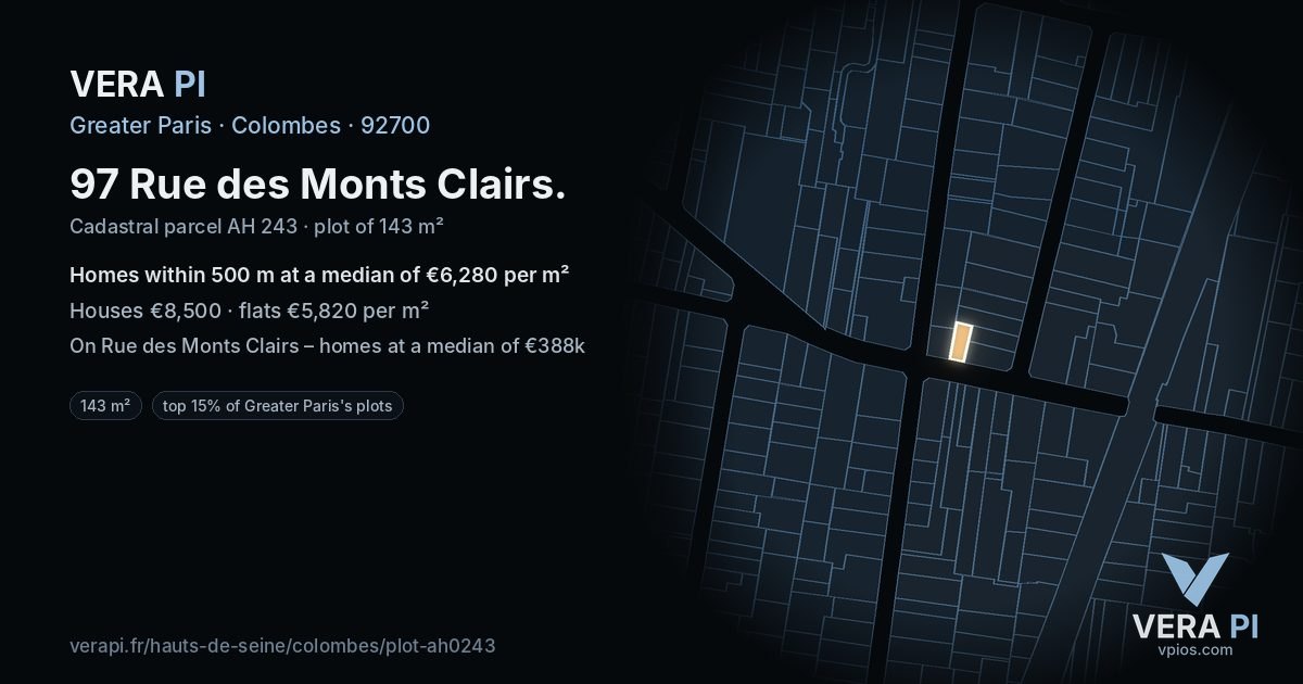97 Rue des Monts Clairs, Colombes at night – the plot lit, the parcels around coloured by the prices near them