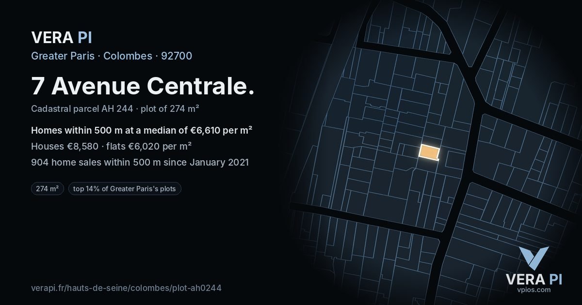 7 Avenue Centrale, Colombes at night – the plot lit, the parcels around coloured by the prices near them